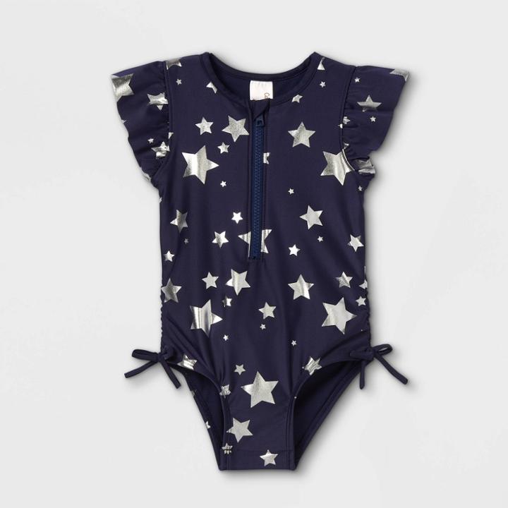 Toddler Girls' Ruffle Short Sleeve One Piece Swimsuit - Cat & Jack Navy