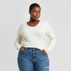 Women's Plus Size Long Sleeve V-neck Pointelle T-shirt - Universal Thread Cream