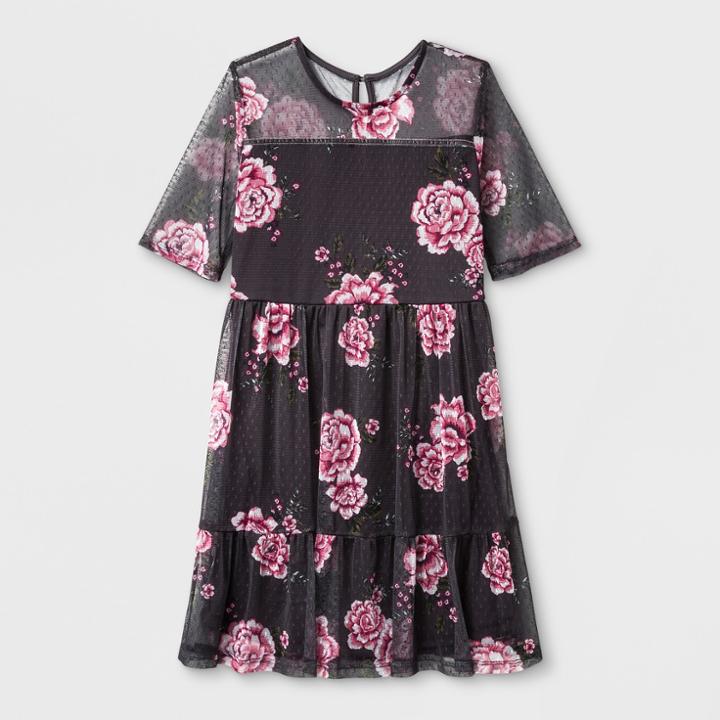 Girls' Illusion Mesh Dress - Art Class Gray Floral