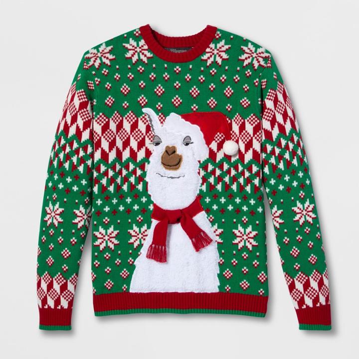 33 Degrees Men's Ugly Holiday Smug Llama Long Sleeve Pullover Sweater - Red