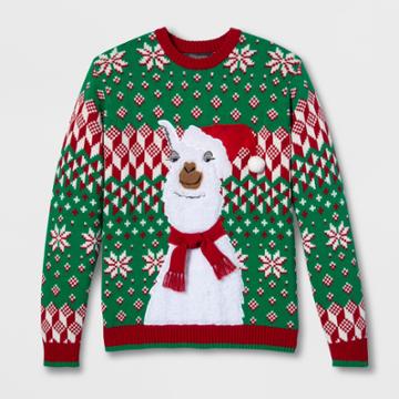 33 Degrees Men's Ugly Holiday Smug Llama Long Sleeve Pullover Sweater - Red