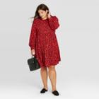 Women's Plus Size Floral Print Long Sleeve Tiered Babydoll Dress - A New Day Red