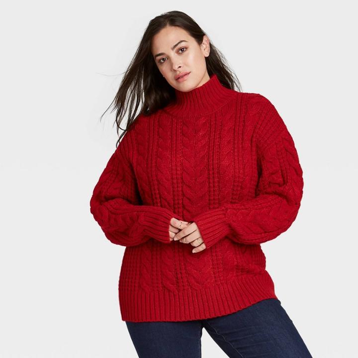Women's Plus Size Mock Turtleneck Pullover Sweater - Ava & Viv Red X