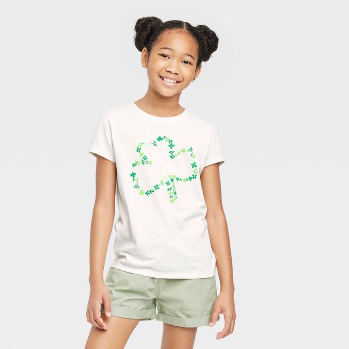 Girls' Short Sleeve 'shamrock' St. Patrick's Day Graphic T-shirt - Cat & Jack Almond Cream Xs, Brown/ivory