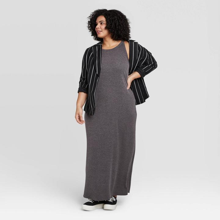 Women's Plus Size Sleeveless Rib Knit Dress - A New Day Gray 1x, Women's,