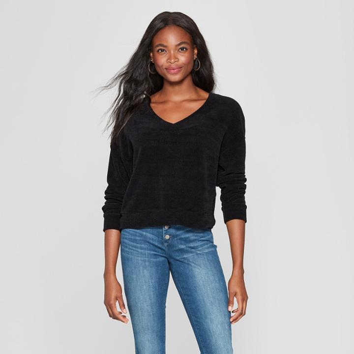 Women's Long Sleeve Chenille Twist Back Pullover Sweater - Xhilaration Black