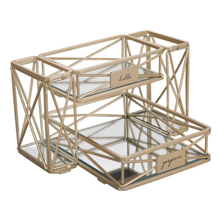 Two Tier Sleek Vanity Tower With Two Compartments Satin Gold - Home Details