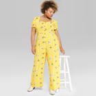 Women's Plus Size Floral Print Short Sleeve Button Front Jumpsuit - Wild Fable Yellow