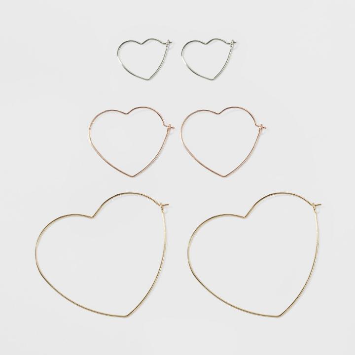 Target Three Piece Multipack With Wired Heart Hoops Earring Set, Women's,