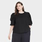 Women's Plus Size Short Puff Sleeve Eyelet Top - A New Day Black
