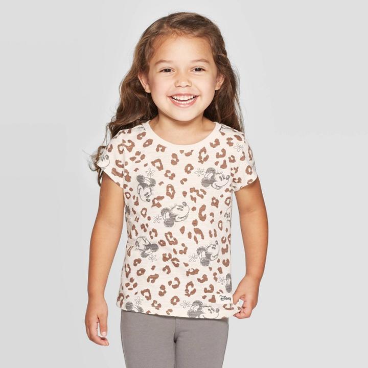 Petitegirls' Disney Minnie Mouse Leopard Print Short Sleeve T-shirt - Cream S, Girl's, Size: