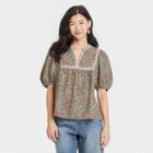 Women's Floral Print Puff Elbow Sleeve Blouse - Universal Thread Green