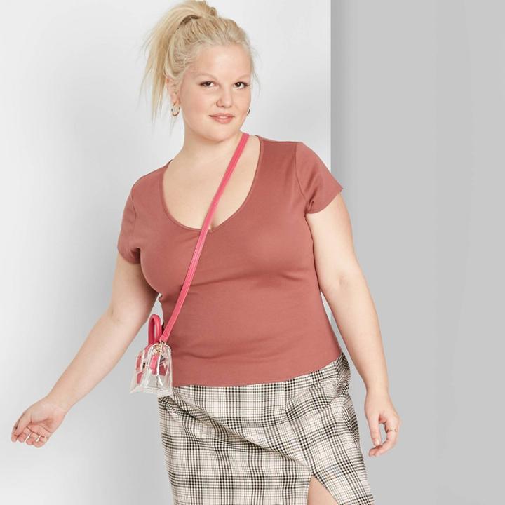 Women's Plus Size Short Sleeve V-neck Fitted T-shirt - Wild Fable Cinnamon 1x, Women's,