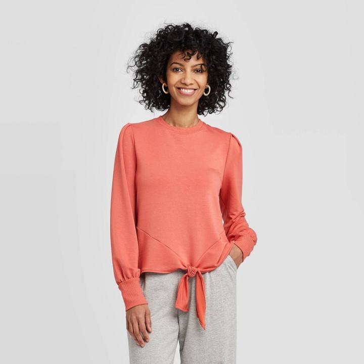 Women's Long Sleeve Crewneck Tie Front Top - A New Day Red