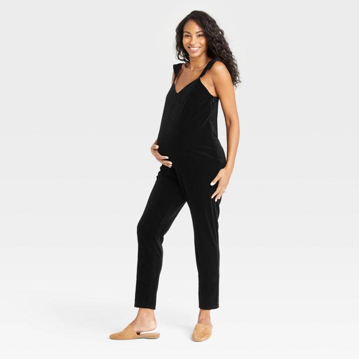 The Nines By Hatch Flutter Short Sleeve Maternity Jumpsuit Black