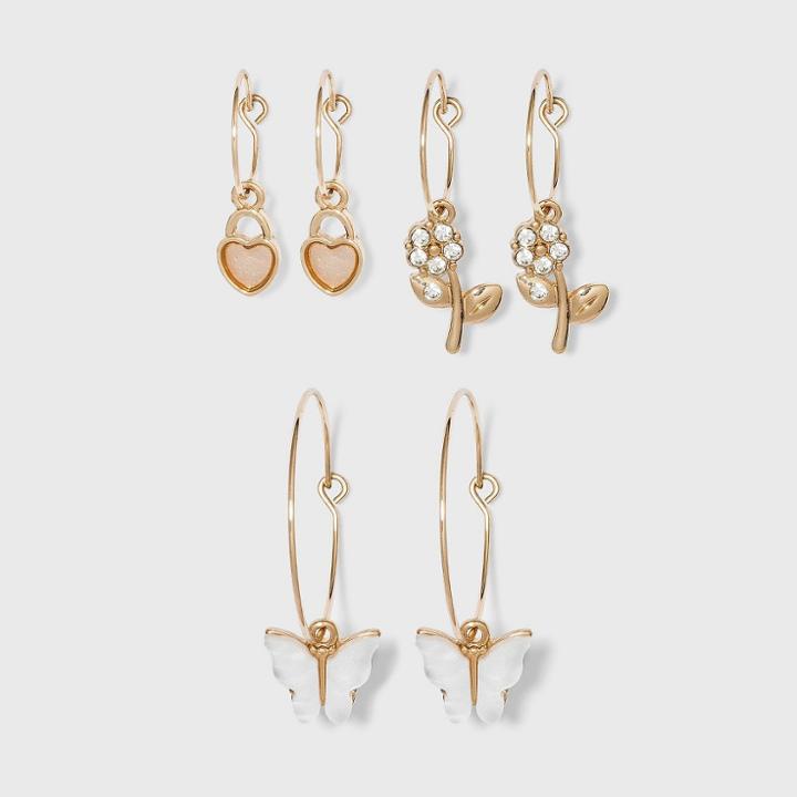 Shiny Gold With Acrylic Stones And Shell Hoop Earring Set 3pc - Wild Fable Gold