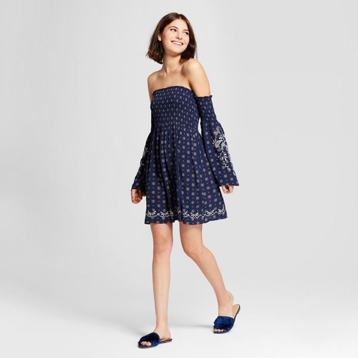 Women's Off The Shoulder Embroidered Bell Sleeve Sundress- Xhilaration Navy