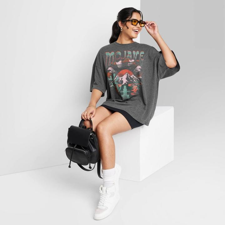 Women's Short Sleeve Oversized Graphic T-shirt - Wild Fable Charcoal Gray Xxs
