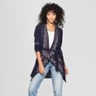 Women's Long Sleeve Embroidered Waffle Cardigan - Knox Rose Navy