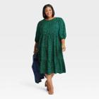 Women's Plus Size Puff Long Sleeve Tiered Dress - Ava & Viv Green Floral X