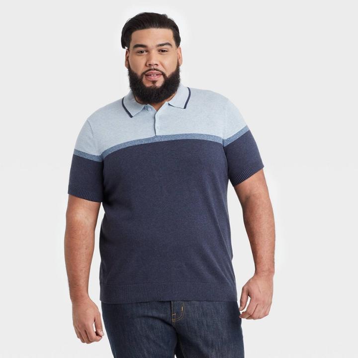 Men's Tall Striped Standard Fit Short Sleeve Sweater Polo - Goodfellow & Co Navy