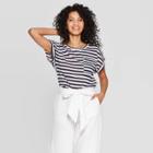 Women's Striped Regular Fit Short Sleeve Crewneck Linen Cuff T-shirt - A New Day Navy (blue)