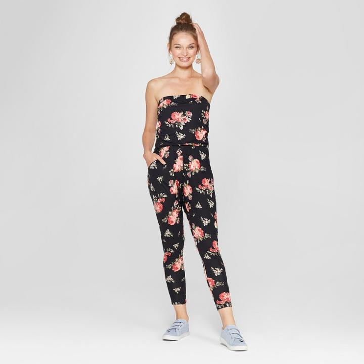 Women's Floral Print Side Ruched Strapless Drapey Jumpsuit - Almost Famous (juniors') Black
