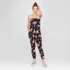 Women's Floral Print Side Ruched Strapless Drapey Jumpsuit - Almost Famous (juniors') Black