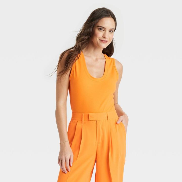 Women's U-neck Slim Fit Tank Top - A New Day Orange