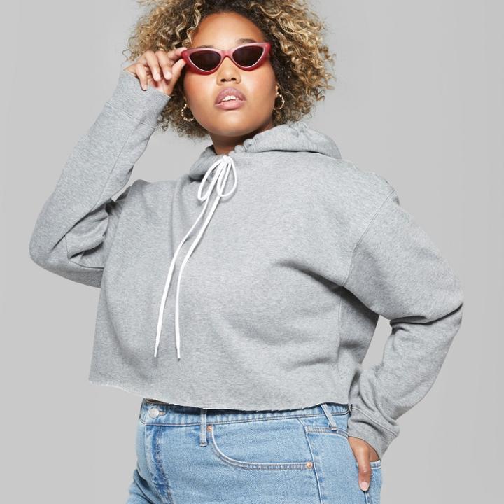 Women's Plus Size Hooded Cropped Sweatshirt - Wild Fable Heather Gray