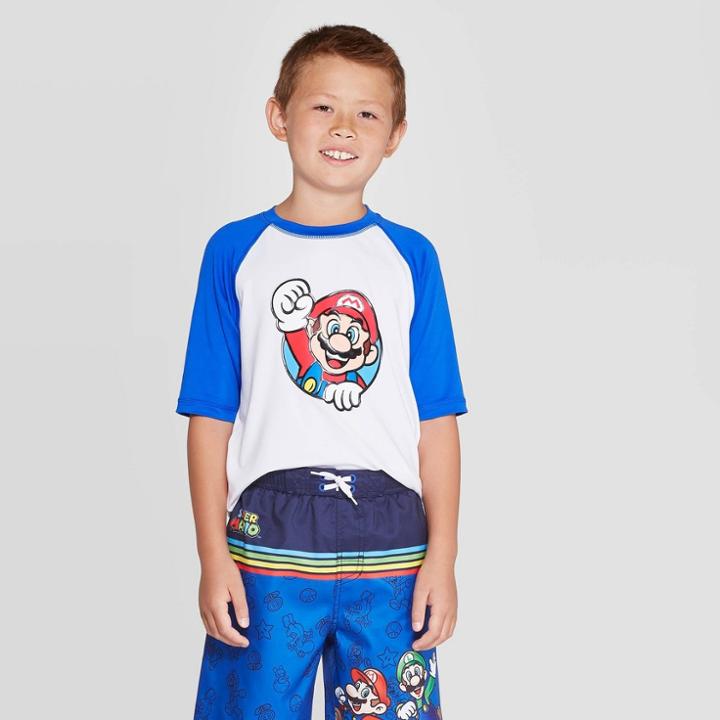 Nintendo Boys' Super Mario Rash Guard - White/blue Print Xs, Boy's, Blue White
