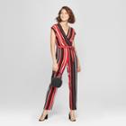 Women's Striped Short Sleeve Wrap Jumpsuit - Almost Famous (juniors') Black/red