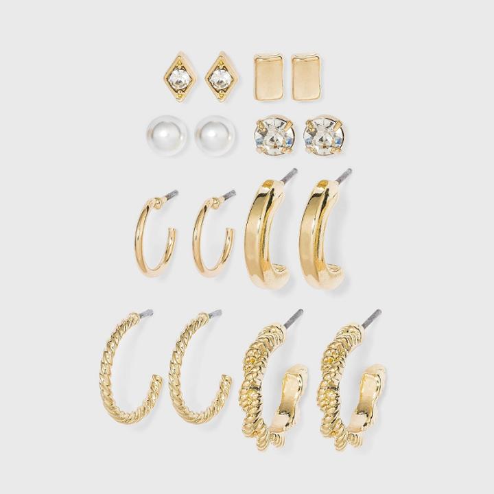 Multi Gold Hoops And Cubic Zirconia Stud Earring Set 8pc - A New Day