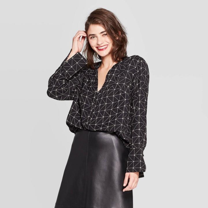 Women's Zig Zag Relaxed Fit Long Sleeve V-neck Tunic - A New Day Black