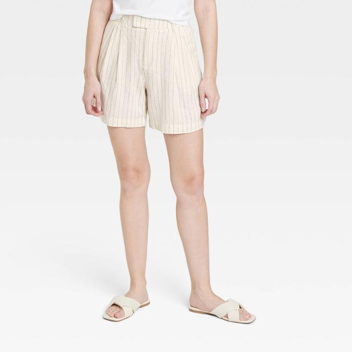 Women's High-rise Linen Tailored Shorts - A New Day Cream Pinstriped