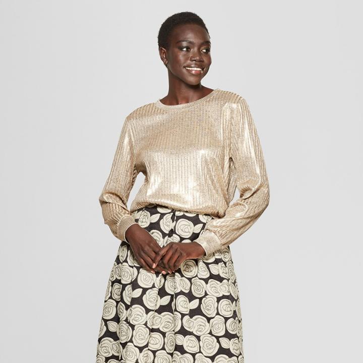 Women's Long Sleeve Metallic Pullover - Who What Wear Gold