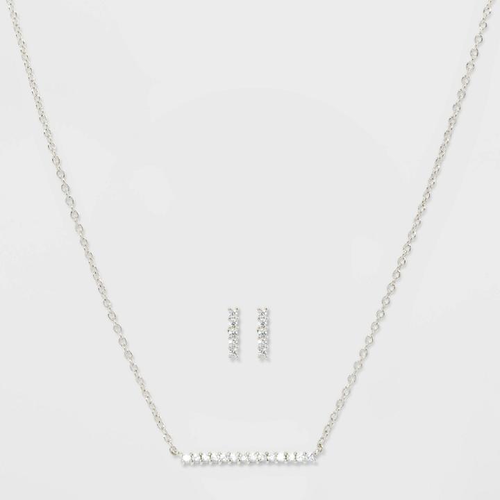 Cubic Zirconia Bar Stud Earrings Necklace Set - A New Day , Women's,