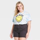 Jerry Leigh Women's Plus Size Smiley Face Short Sleeve Graphic Boyfriend T-shirt - Light Blue Tie-dye