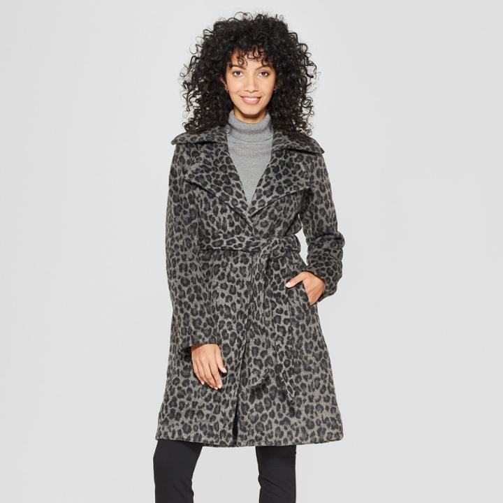 Women's Leopard Print Wrap Coat - A New Day Gray