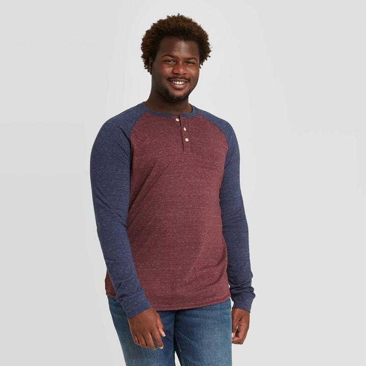Men's Tall Standard Fit Raglan Long Sleeve Henley Jersey T-shirt - Goodfellow & Co Pomagranate Mt, Blue/red/red