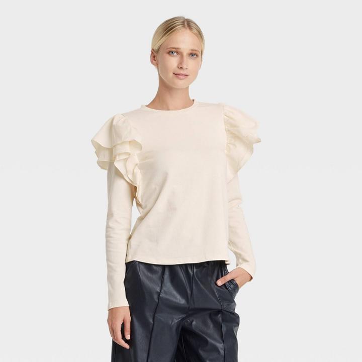 Women's Ruffle Long Sleeve Knit Top - Who What Wear Cream