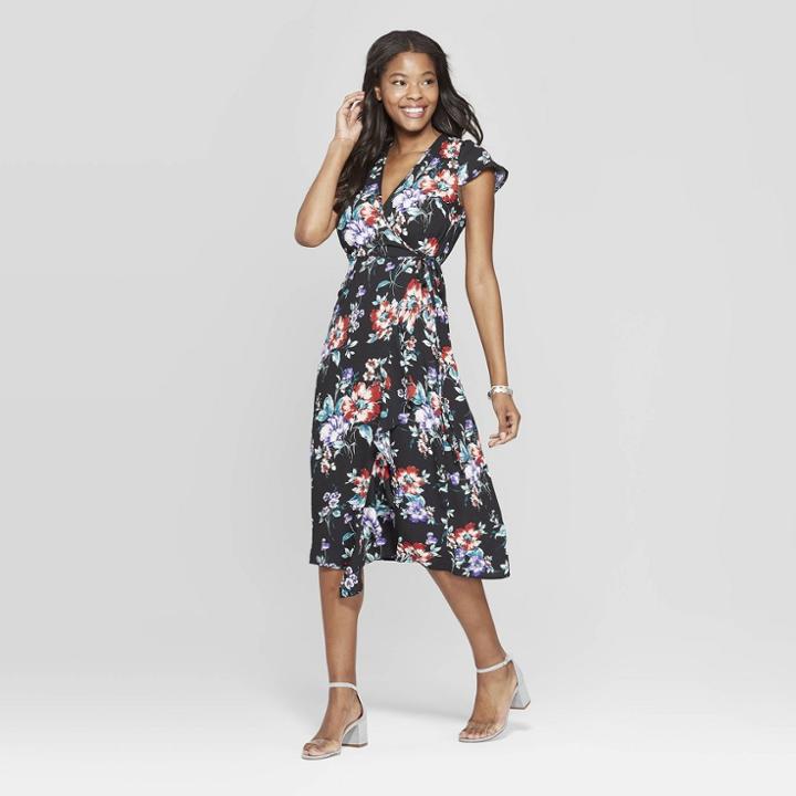 Women's Floral Print Short Sleeve Wrap Midi Dress - Xhilaration Black