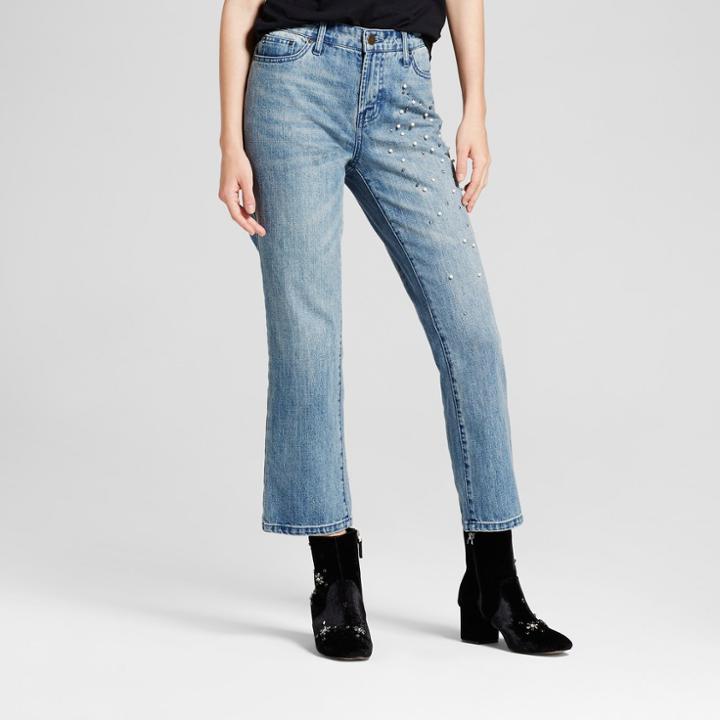 Women's Straight Leg Pearl Embellished Jean - Who What Wear Medium Wash