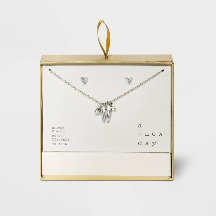 Silver Plated With Cubic Zirconia And Pearl Initial 'w' Charm Cluster Necklace And Earring Set - A New Day