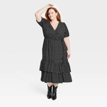 Women's Plus Size Short Sleeve Wrap Dress - Knox Rose Black Polka Dots