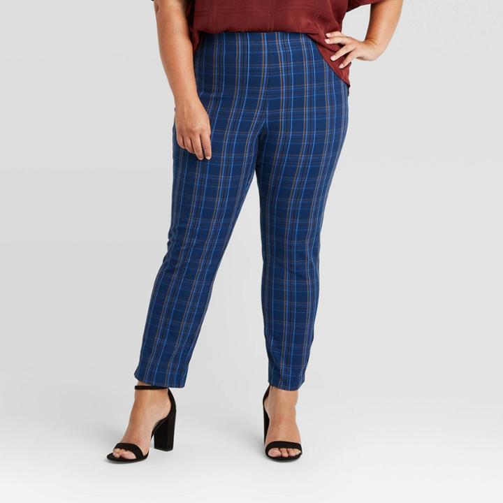 Women's Plus Size Plaid High-rise Skinny Ankle Pants - A New Day Blue