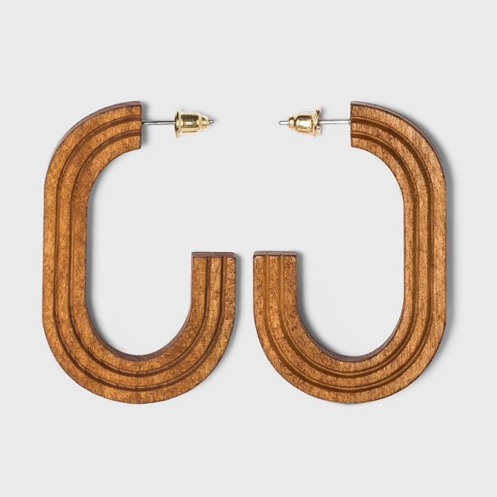 Grooved Open Oval Wood Hoop Earrings - Universal Thread Brown