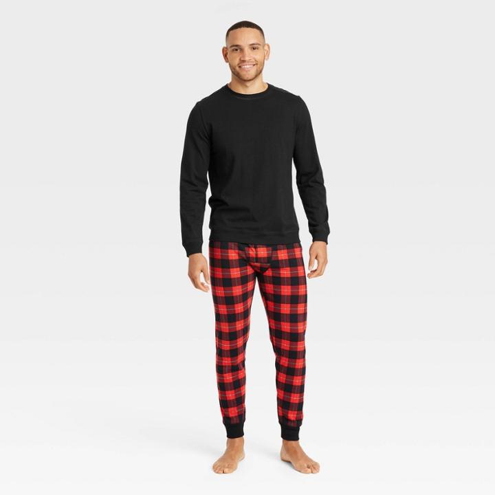 Men's Plaid Long Sleeve Crew + Jogger Pajama Set - Goodfellow & Co Black