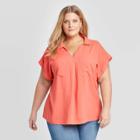 Women's Plus Size Short Sleeve Collared Knit Woven Blouse - Ava & Viv Coral X, Women's, Pink
