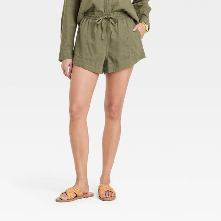 Women's Mid-rise Linen Pull-on Shorts - Universal Thread Olive Green